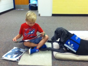 Colin is reading with our Ruff Reader dog, Maizie!